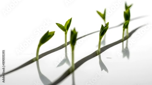 Sprouting Seedlings with Reflections on White Background.