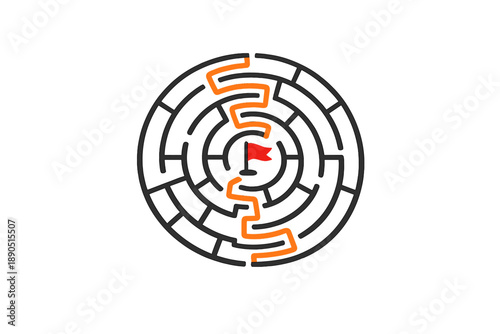 Maze with a red flag in the center and orange paths leading to the goal located in the middle