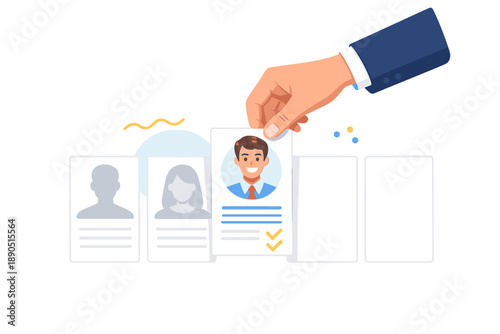Hand holds a resume from a selection of profiles in a hiring process at a company