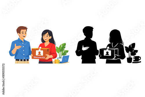 Young professionals enjoy a moment discussing a welcome kit as they stand in a modern office setting during the daytime while others observe in silhouette