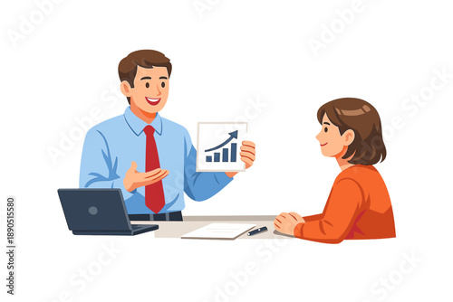 Business meeting in an office where a man shows a growth chart to a woman at a desk during daytime