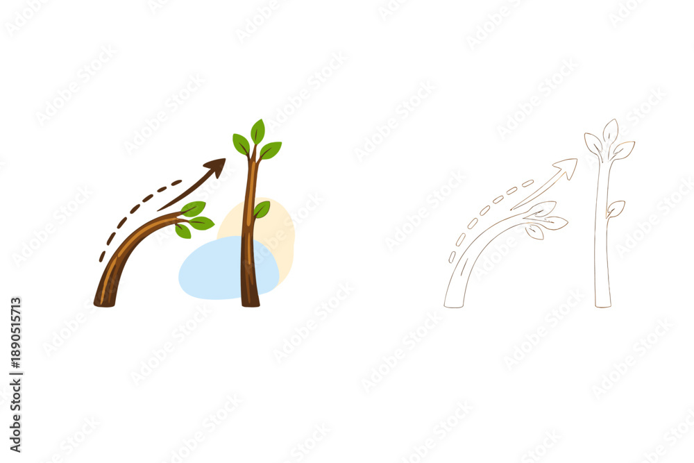 Fototapeta premium Two simple trees with green leaves grow in a playful manner, showing upward movement, placed on a light background with soft colors