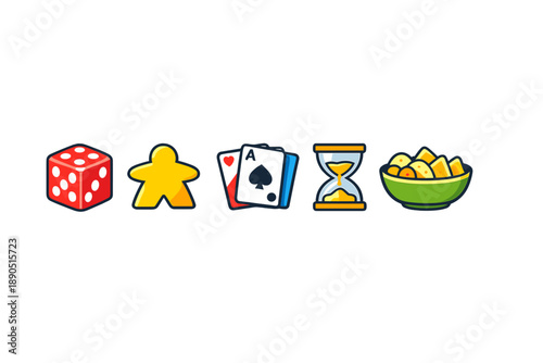 Various game pieces including dice, a game figure, playing cards, an hourglass, and a bowl of snacks on a plain background