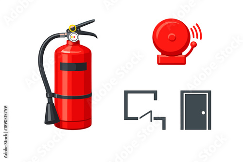 Safety equipment for fire emergencies featuring a fire extinguisher, alarm system, and exit sign in a simple layout for clear understanding