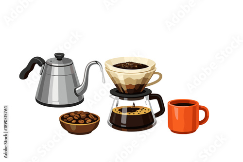 Coffee preparation process with brewing equipment and ingredients on a plain white background in a kitchen setting