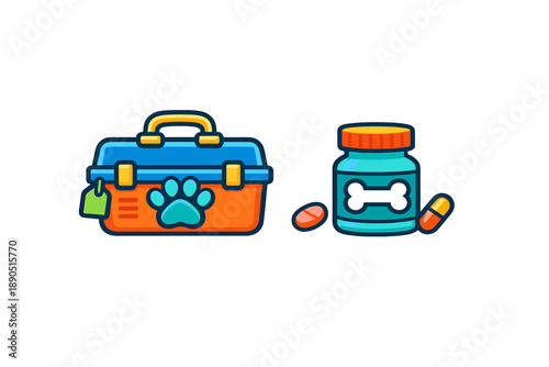 Toolbox for pet care and a jar of supplements for dogs placed next to each other on a plain background with simple and colorful designs