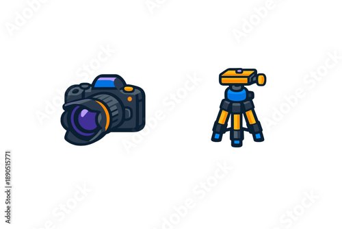 Camera and tripod are shown side by side on a plain background ready for capturing images during a photography session at any time of the day