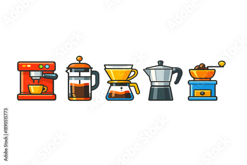 Different coffee-making methods are displayed from left to right showing various tools and equipment used for brewing coffee at home
