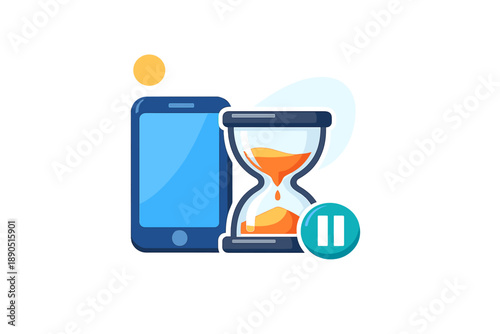 Sand timer and mobile phone on white background showing pause symbol to indicate delay or break in activity for users managing their time