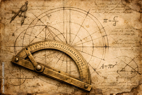 Wallpaper Mural Vintage-style Pi Day background featuring an old brass protractor on aged parchment   Torontodigital.ca