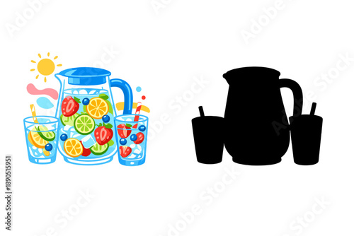 Colorful pitcher with fruit drinks and shaded pitcher with cups on a plain background during summer