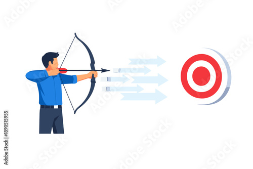 Bowman aims at target with arrow during archery practice in a training session in a field at midday