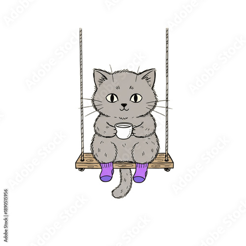 Hand-Drawn Quirky Gray Kitten on Swing with Cup of Milk on Transparent Background