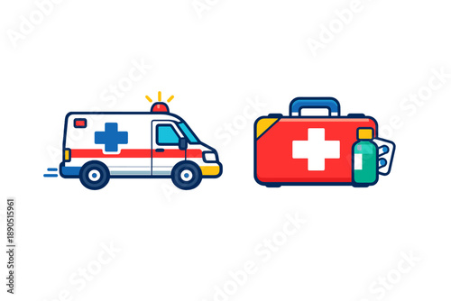 Ambulance and first aid kit are shown in a graphic design with clear details about emergency services and health support