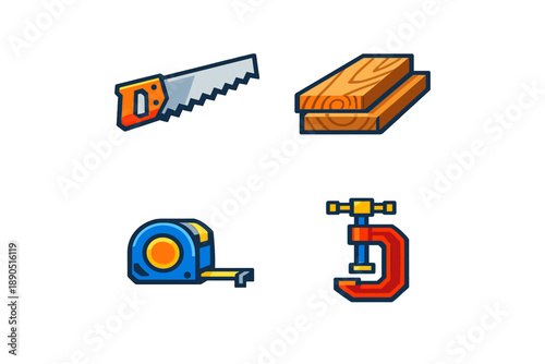 Tools for woodworking in a workshop setting with saw, tape measure, wood, and clamp during daytime