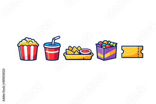 Snack options offered at a movie theater including popcorn, drinks, nachos, candy, and tickets during a film screening