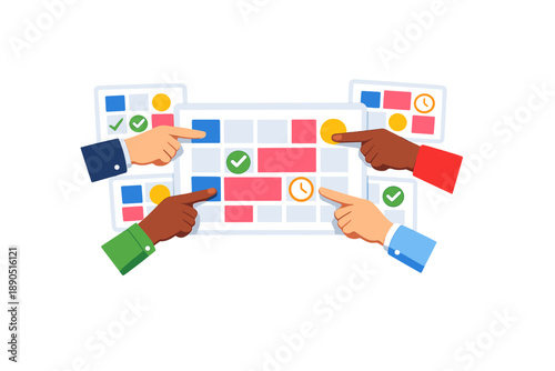 People collaborating around a digital board to discuss tasks and deadlines in an office setting during working hours