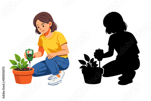 Young person checks soil moisture in potted plant at home on a bright day using a moisture meter for better plant care and gardening