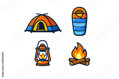 Camping equipment including a tent, sleeping bag, lantern, and campfire setup for a trip in the woods during a warm evening