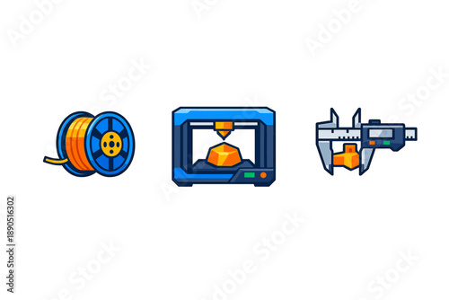 Tools and materials for 3D printing include a spool of filament, a 3D printer in operation, and a caliper measuring the printed object