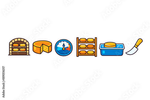 Collection of icons showing steps in cheese making process using different tools, methods, and equipment for cheesemaking