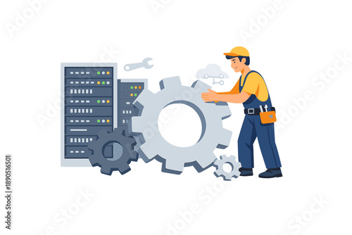 Technician works with gears and server equipment in a technology setting during the day