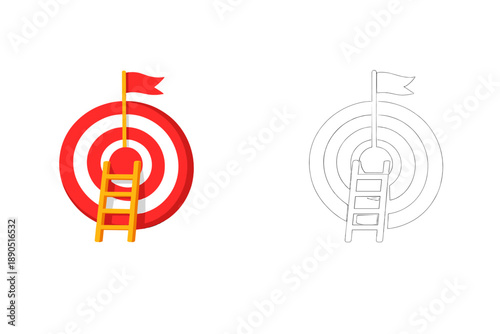 Ladder reaching a target with red and white circles at a distance in a simple design setting during a creative work session