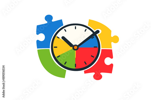 Clock displays colors and puzzle pieces showing time management in a creative design for use in educational materials or presentations