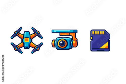 Different types of drones and accessories displayed together on a plain background focusing on technology and their design for outdoor and indoor use