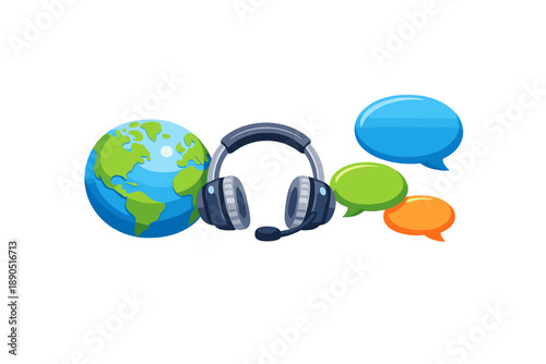 Connecting people through conversation and technology with a globe and headset in the center and speech bubbles around it showing different colors representing diverse communication