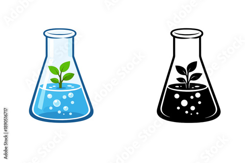 Green plant growth in lab glassware showing two designs, one in color and one in black and white, highlighting the connection between nature and science