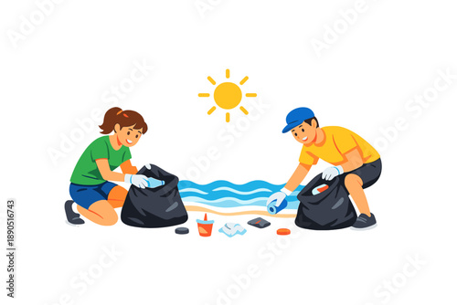 Two people pick up trash on a beach while the sun shines brightly in the sky above them during the afternoon