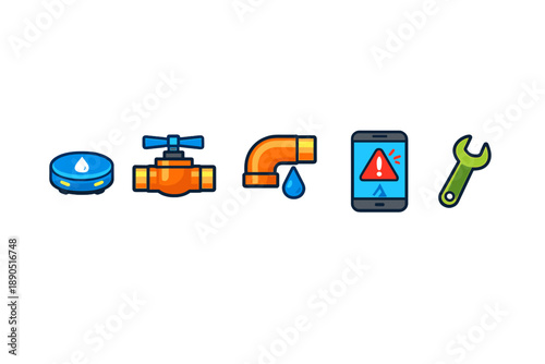 Water management system shows sensor, valve, pipe, alert on phone, and wrench for maintenance at a home or business