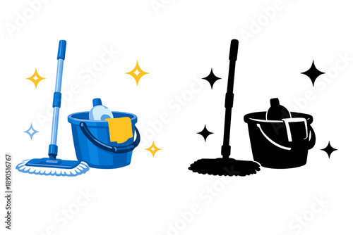 Cleaning tools on display with mop and bucket at home during day for household chores and organization tasks in simple surroundings