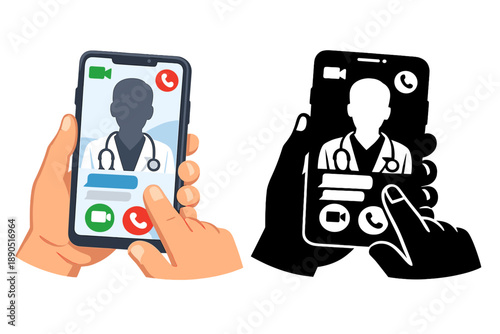 Doctor consultation on a smartphone screen with hands using video call function during daytime