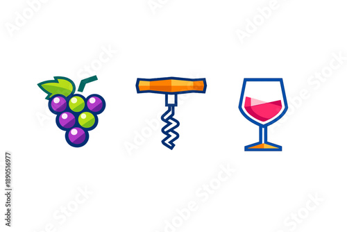 Grapes and corkscrew with a glass of red wine show the process of wine making and drinking from vineyard to table in a simple graphic style
