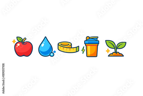 Icons represent healthy eating, hydration, fitness measurement, workout drinks, and plant growth for a balanced lifestyle
