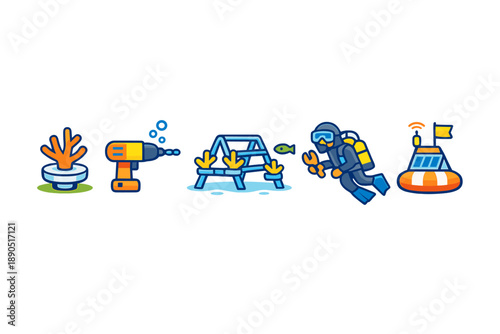 Underwater exploration at a dive site featuring a diver, tools, and marine life in clear water on a sunny day