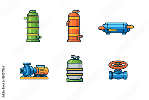 Various water system components are shown including tanks, pumps, and valves that are important for water management and distribution tasks in different settings