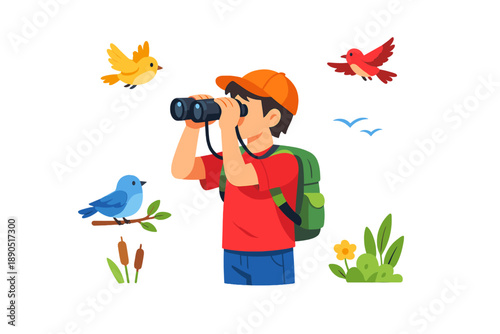 Child observes birds while using binoculars in a natural setting surrounded by trees and flowers during daytime