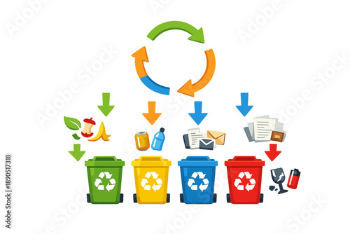 Recycling process showing different bins for waste disposal and sorting materials for reuse at a recycling center