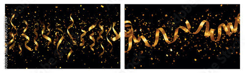 Golden confetti explosion. Birthday party streamers, gold serpentine ribbons sparkling decoration glitter shiny sparkles winner luxury dark background realistic vector illustration