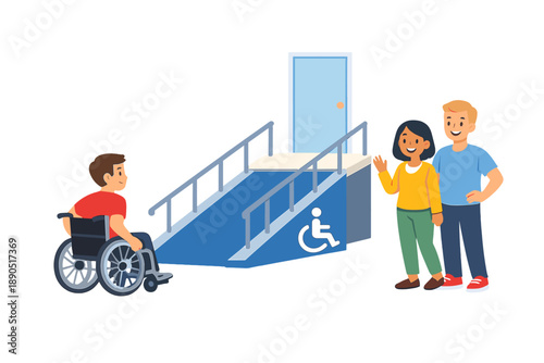 Two people greet a person in a wheelchair as they approach a ramp leading to a door marked for accessibility