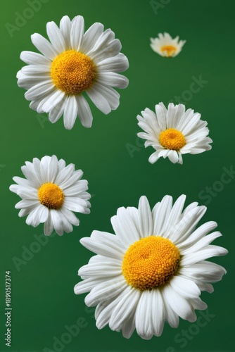 Blooming white daisies on vibrant green background with focus on petals