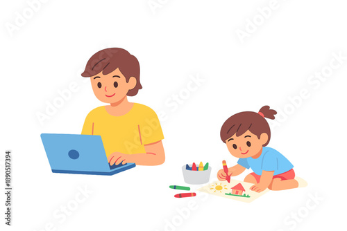 Parent and child spend time together at home doing different activities while using a laptop and coloring with crayons