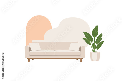 Sofa and indoor plant with simple wall design in a living room setting during daytime