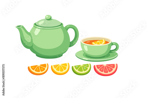 A green teapot and cup sit next to sliced citrus fruits showing oranges, limes, and grapefruits during a tea preparation scene
