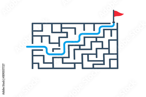 Finding the way through a maze with a clear path leading to a red flag at the end