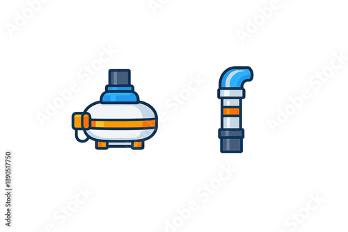 Colorful water pump and pipe design for plumbing system in a graphic style with simple shapes and lines on a white background