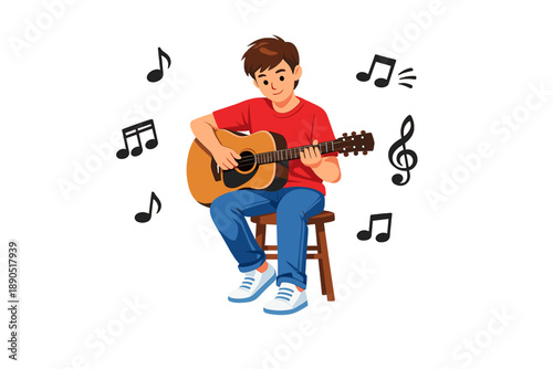 Boy sits on a stool and plays guitar while music notes float around in a simple scene